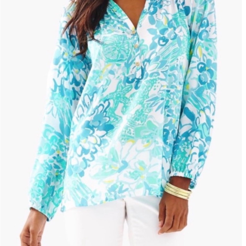 Lilly Pulitzer Elsa Silk Top Large Blue Teal Floral - Picture 3 of 15